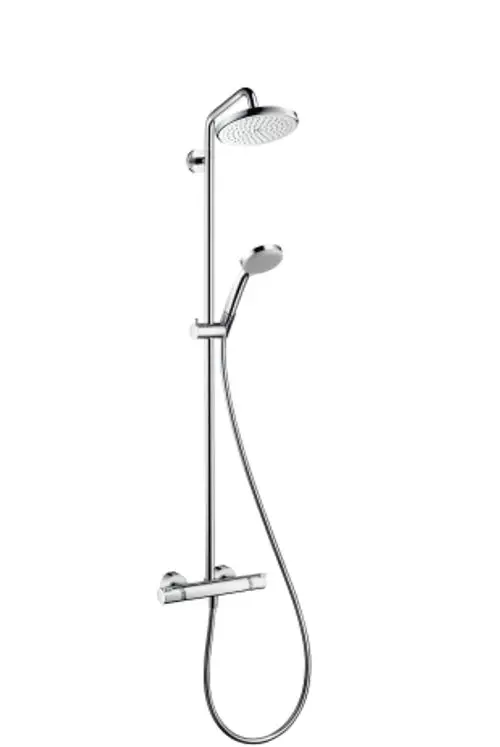 Hansgrohe Duschsystem mit feststehendem und Handbrause, Thermostat und flexiblen Anschlussleitungen, montiert an einer Wand mit Chromoberfläche.